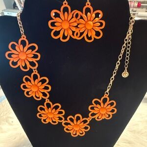 Cato Orange Daisy Flower Adj.Necklace & Dangly Earrings Set